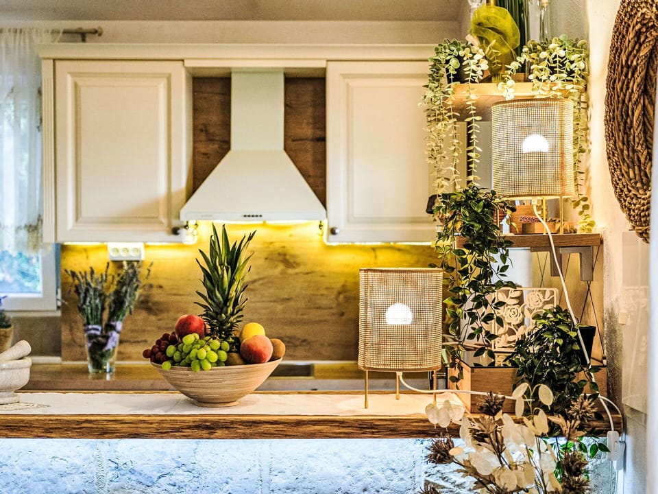 Interior Design, Lighting, Kitchen, Home, Countertop, Light Fixture, Houseplant, Flowerpot, Fruit, Natural Material