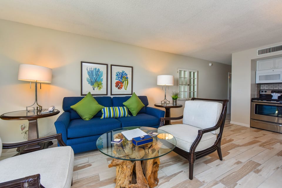Beautifully decorated living room with sleeper sofa.