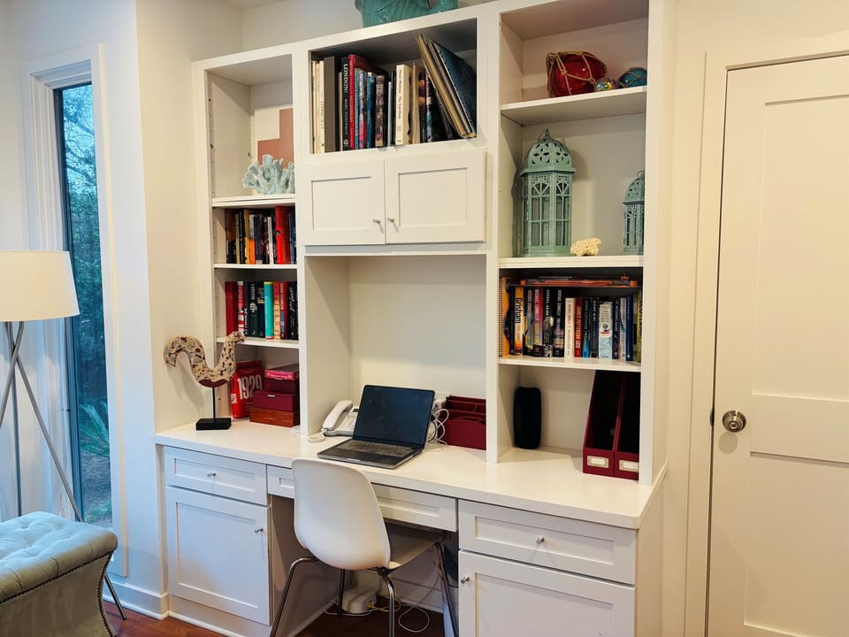 Study with office set-up/printer, phone, wifi (desk view)