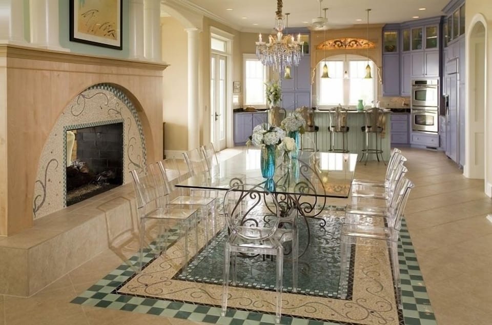 Dining room and gourmet kitchen. Dining room table seats 10. Subzero. Granite.