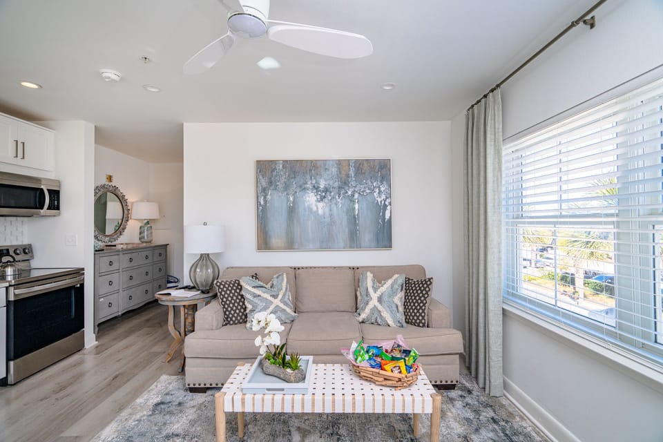 Pull out queen sofa, end unit with lots of windows and sunlight