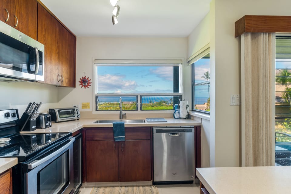Kitchen with ocean views