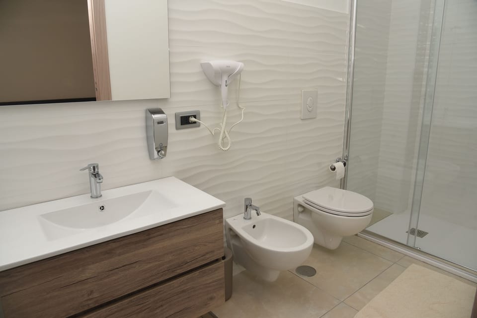 Shower, free toiletries, hair dryer, bidet