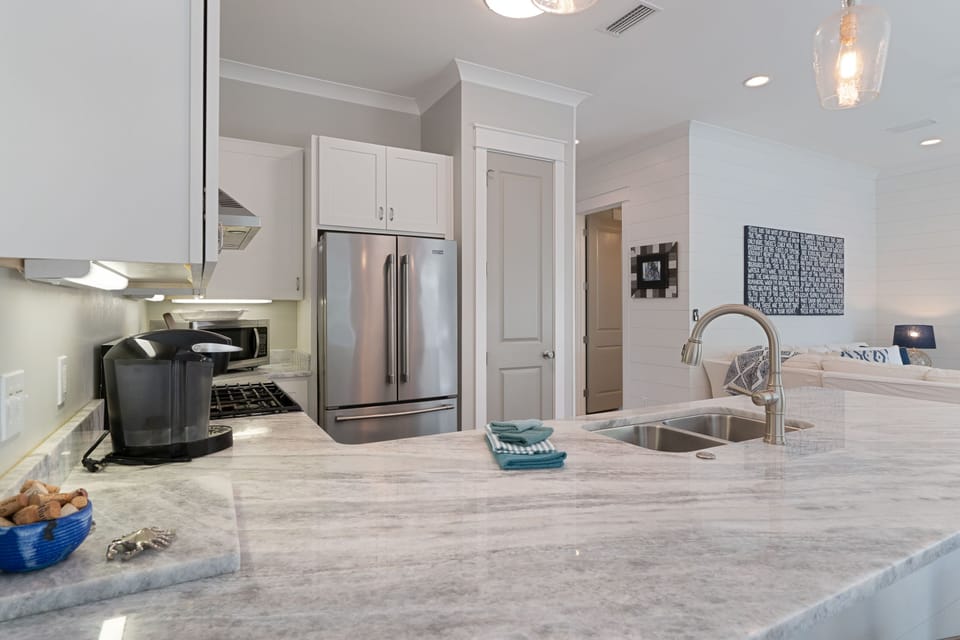 Large granite counters, stainless steel appliances
