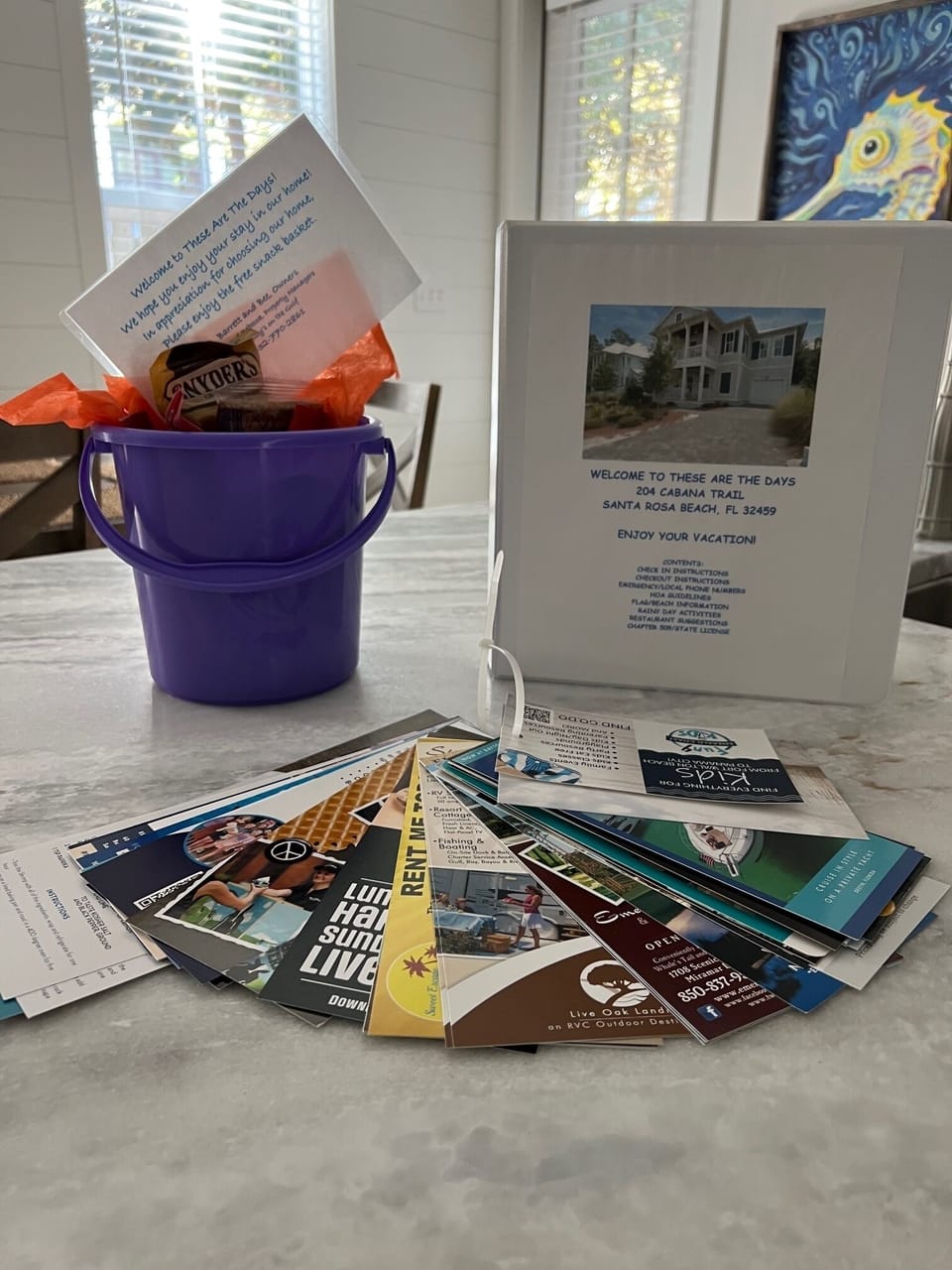A packet of placards w/ fun things to do, &  a binder w/ dining recommendations 