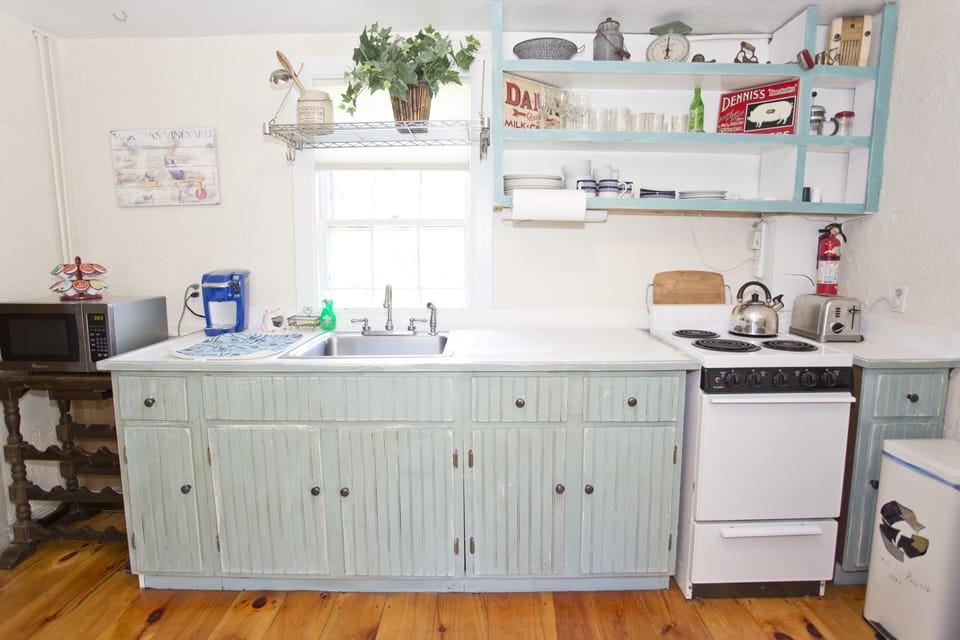 Kitchen has basic staples,  pots and pans and utensils for cooking in.