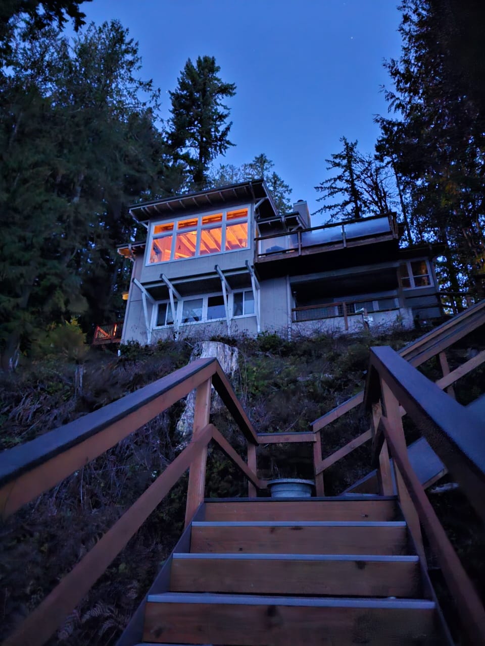 Photo of house and new stairs taken early in the morning. 