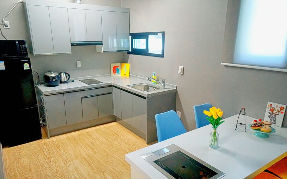 Premium Villa | Private kitchen | Fridge, microwave, stovetop, electric kettle