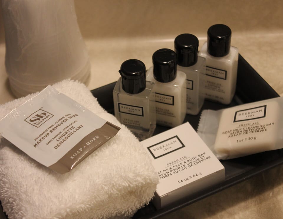 Combined shower/tub, free toiletries, hair dryer, towels