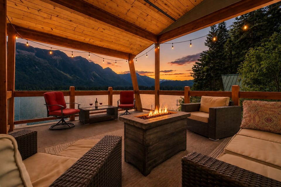 Gather around your private fire pit as twilight paints the lake and mountains in golden hues, creating unforgettable evenings.