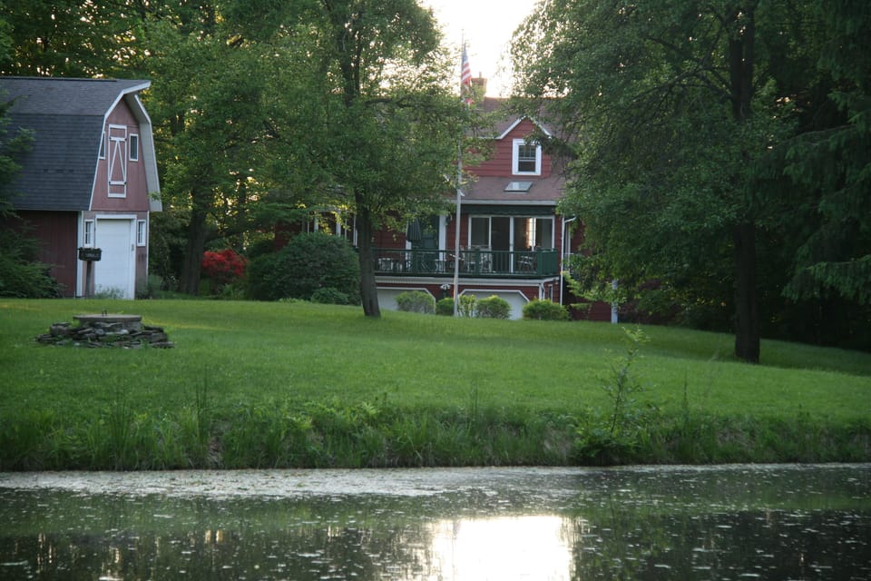 Pond, fruit trees and playing field