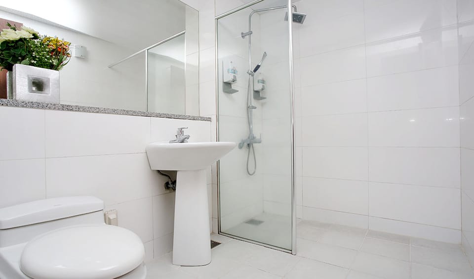 Shower, free toiletries, hair dryer, slippers