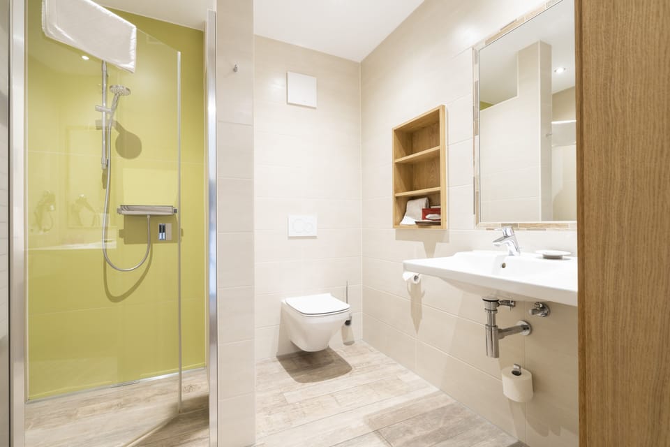Shower, free toiletries, hair dryer, towels