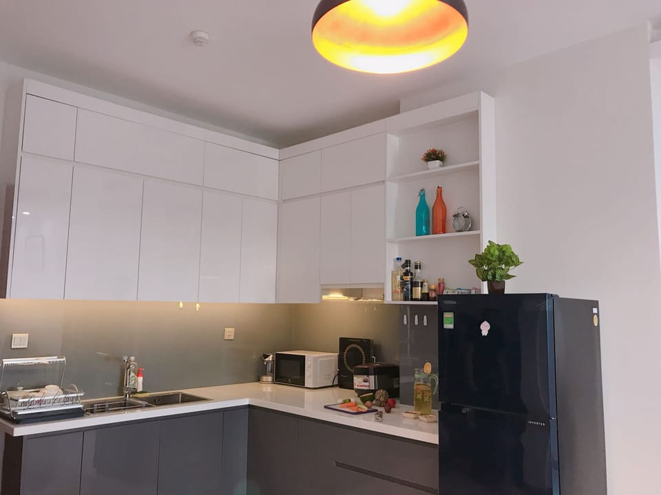 Fridge, microwave, rice cooker, cookware/dishes/utensils