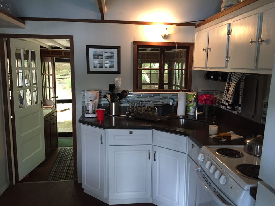 Remodeled kitchen with opening to dining area and back door to yard.