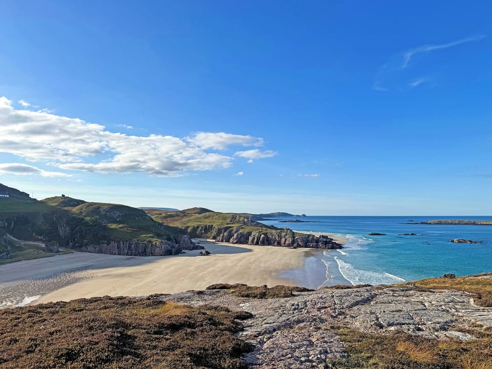 An aerial shot from the East shows the rugged, tranquil Estate with Ceannabeinne beach a short walk away | The Fish House - Rispond Estate, Rispond, near Durness