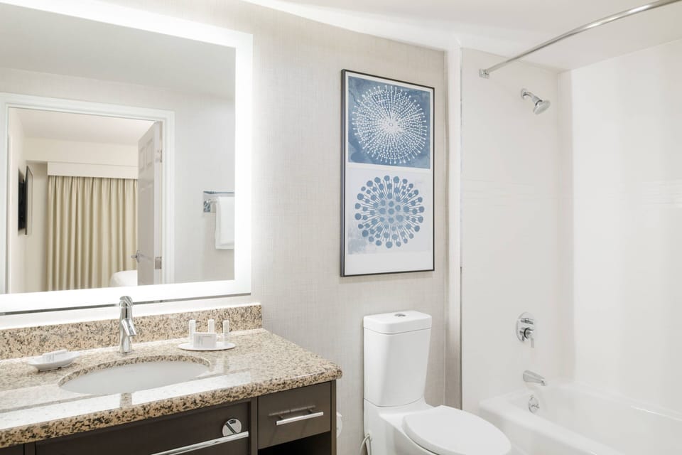 Designer toiletries, hair dryer, towels