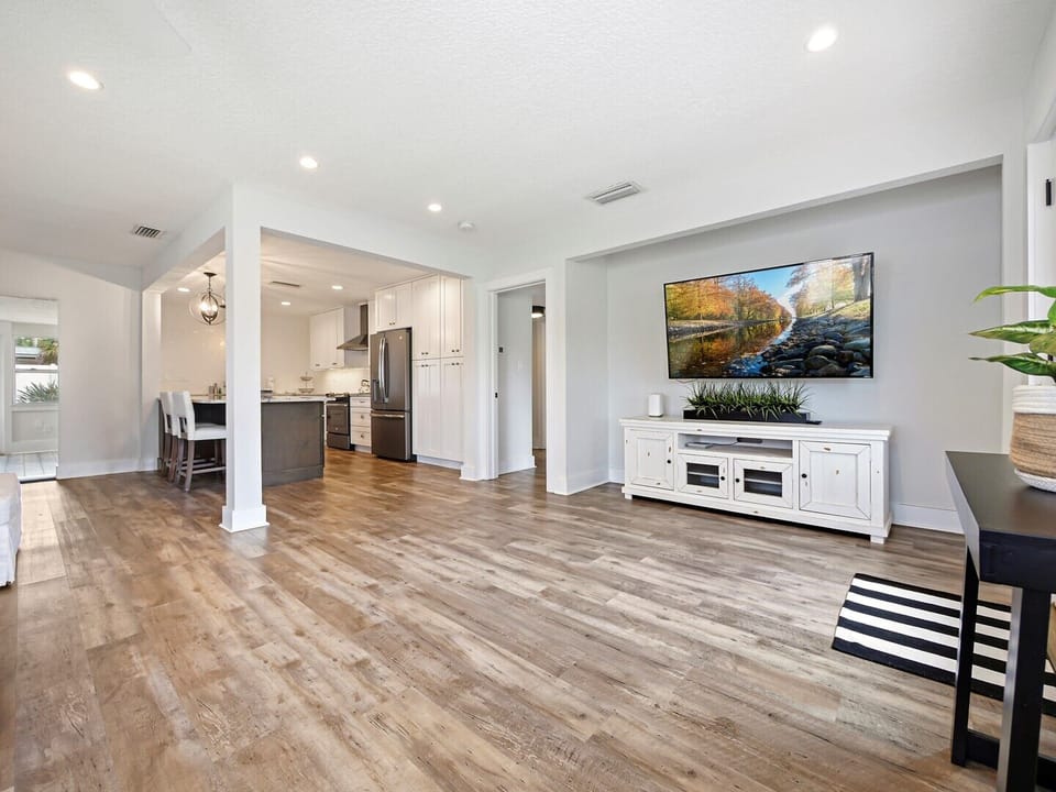view from living area to kitchen