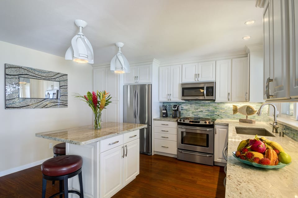 The kitchen island has a view from every seat.  