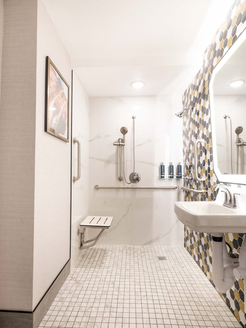 Room, 1 King Bed, Accessible (Mobility, Roll-In Shower) | Bathroom | Shower, free toiletries, hair dryer, towels