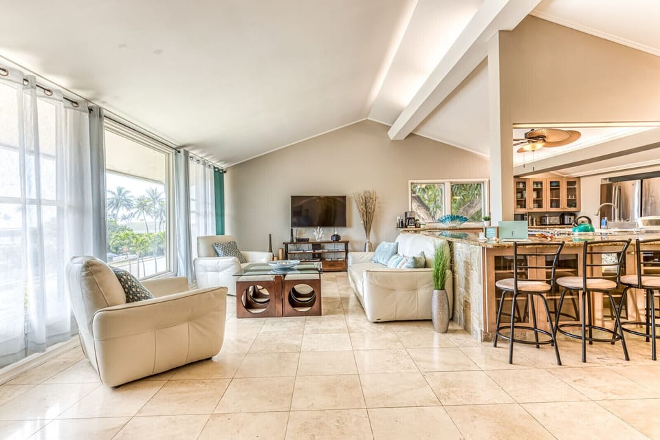 Living room flows into kitchen and dining area