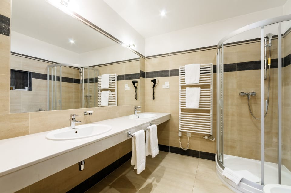 Shower, free toiletries, hair dryer, bathrobes