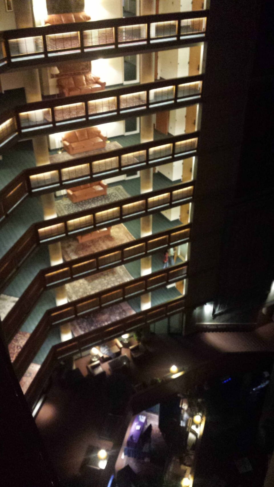 View of atrium side room/floor access at night