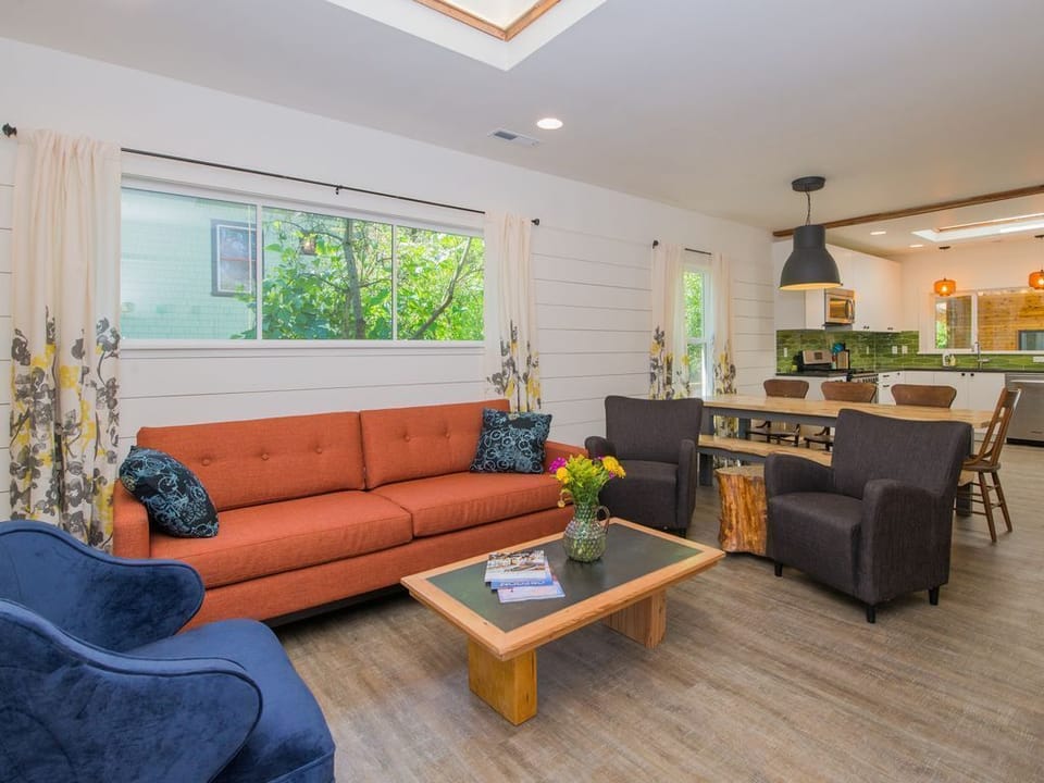 You enter into a light filled room from the many windows and skylights.