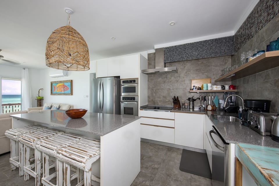 Fully equipped chefs kitchen with all modern appliances and ocean view