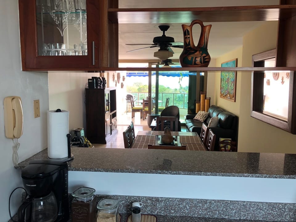 View from kitchen to the balcony.  The bedrooms are down hall on the right side