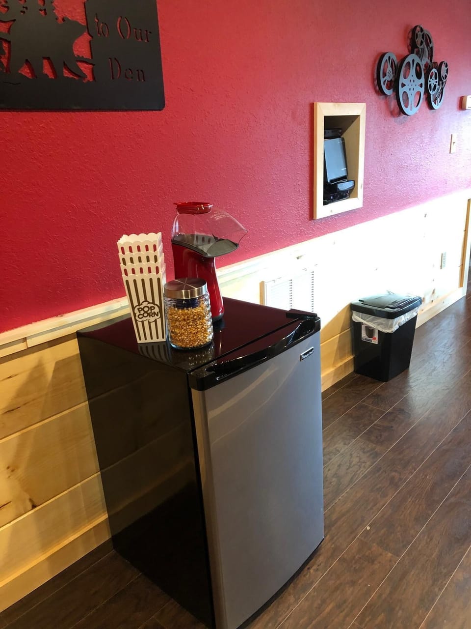 mini fridge with our popcorn machine and popcorn