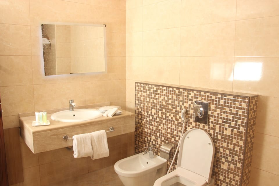 Shower, rainfall showerhead, designer toiletries, hair dryer