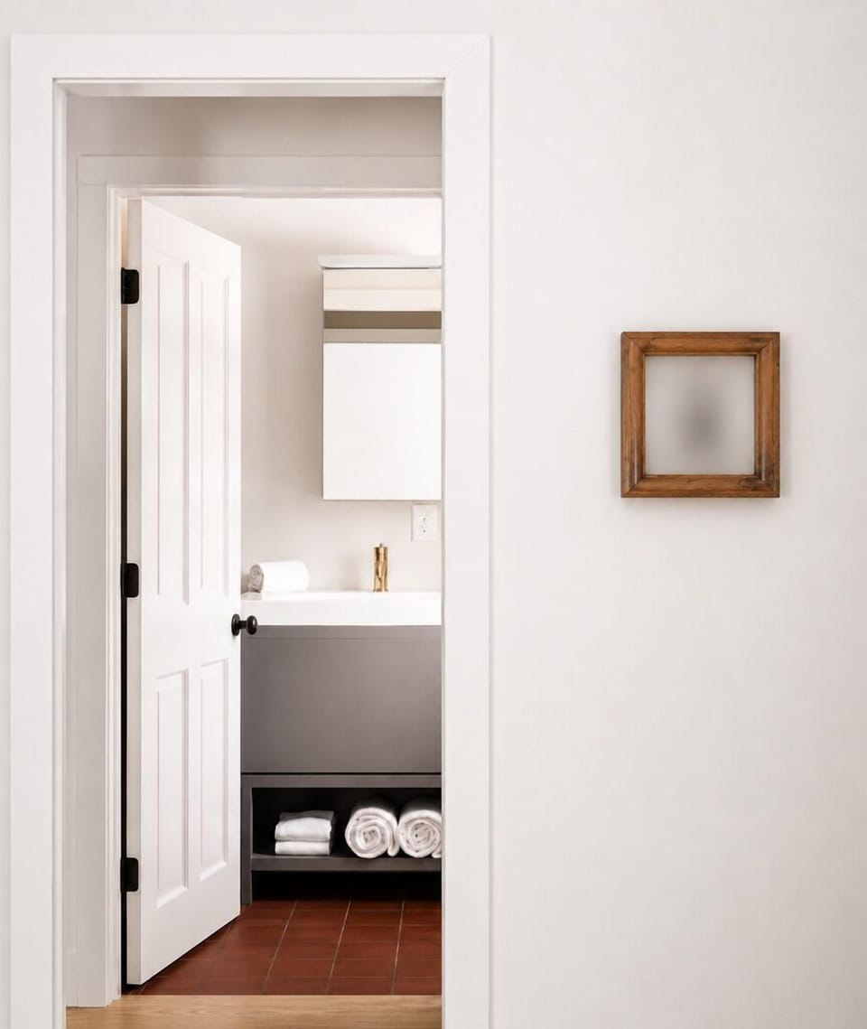 Enter through the closeted hallway to the primary bedroom’s ensuite bathroom
