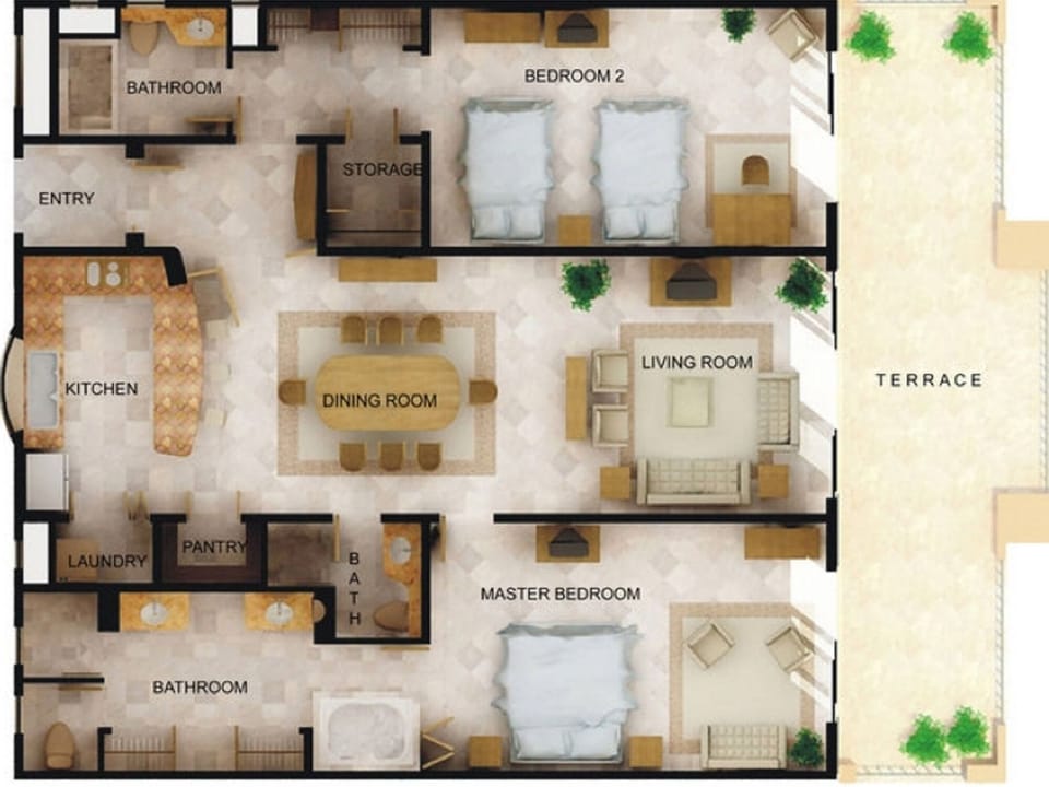 1 king, 2 queens, sofa bed in living room if needed and 3 full bathrooms.