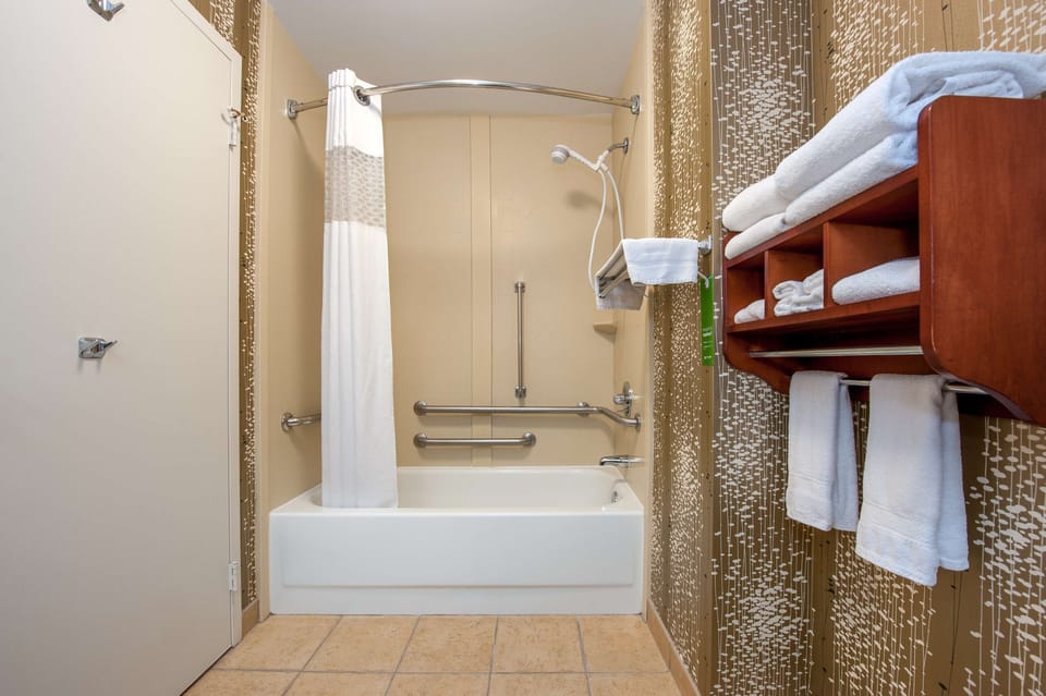 Combined shower/tub, eco-friendly toiletries, hair dryer, towels