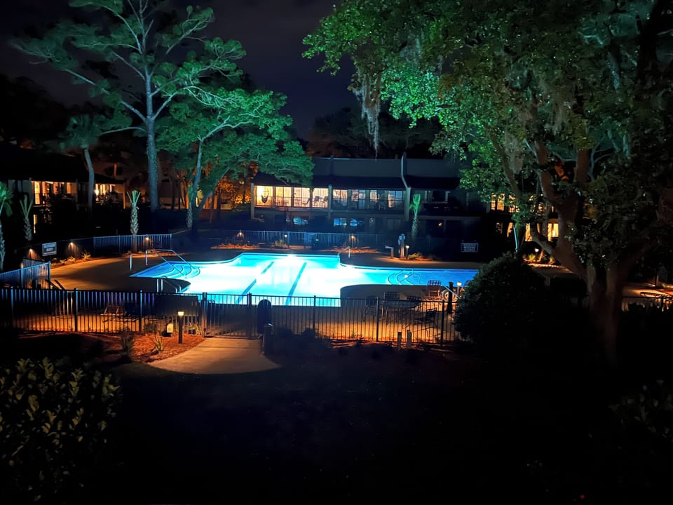 New pool area from balcony at night