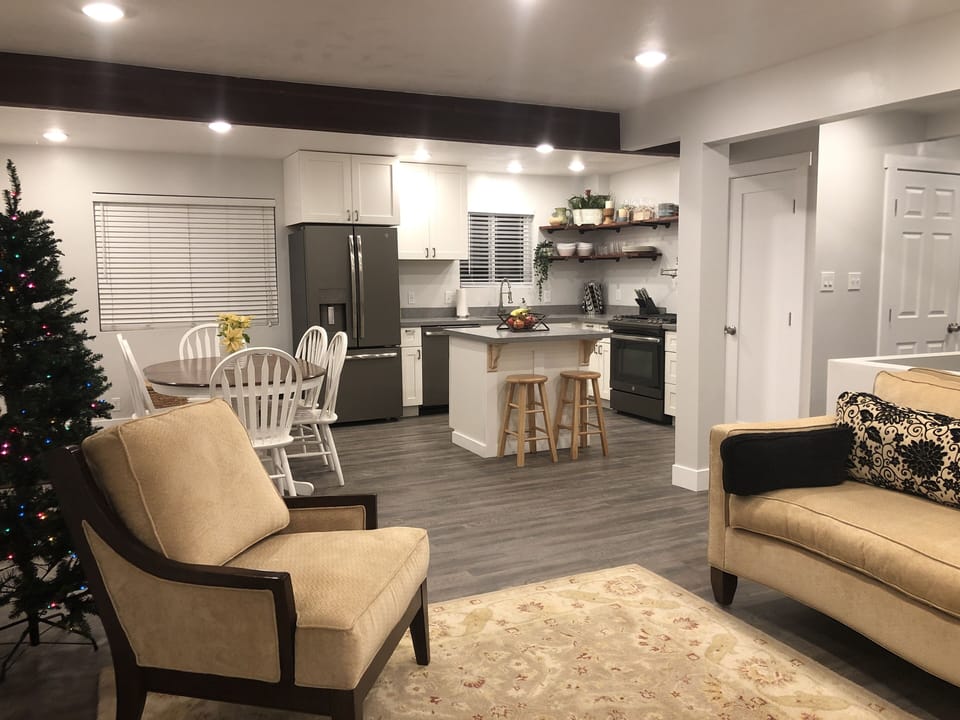 Upstairs great room. Kitchen/living room, dining, Bluetooth Stereo, Deck