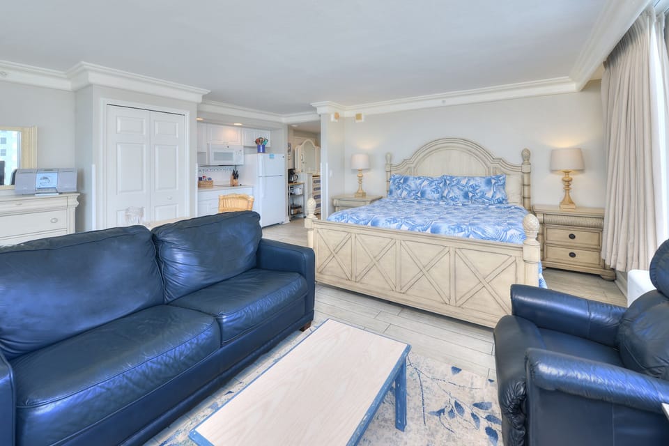•	Unwind in Style. After a day on the sand, relax in the cozy leather recliner or on the comfortable sofa.