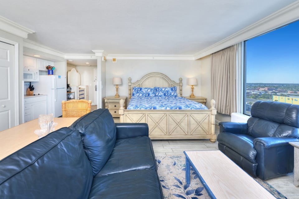 •	Unwind in Style. After a day on the sand, relax in the cozy leather recliner or on the comfortable sofa.