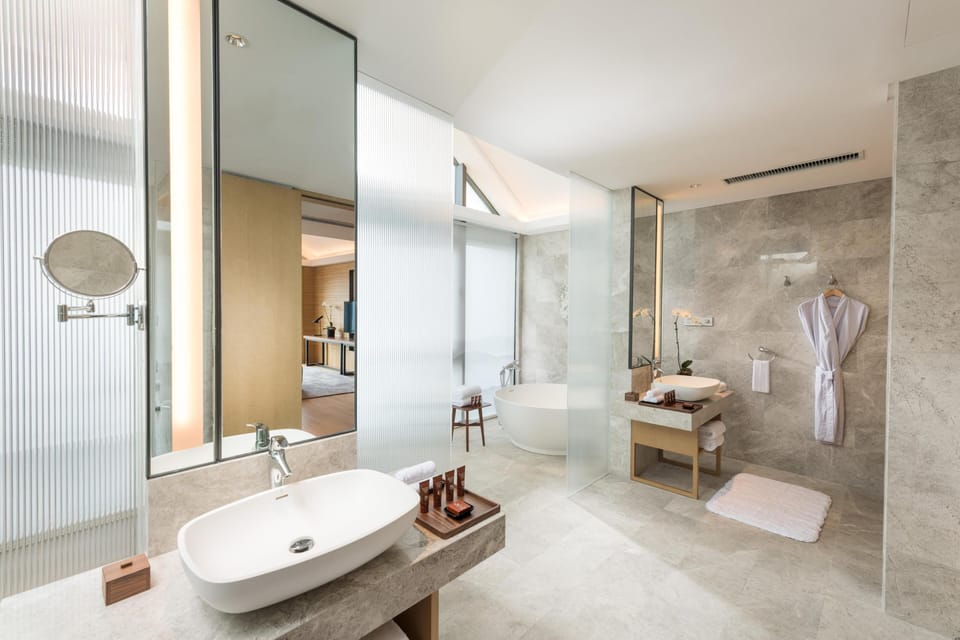 Hair dryer, bathrobes, towels, soap