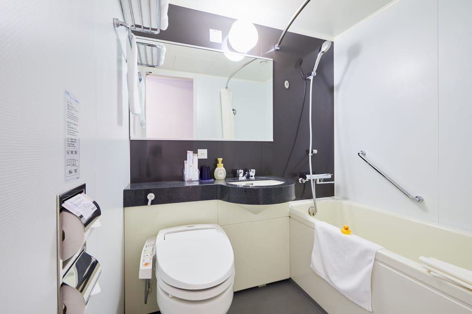Combined shower/tub, deep soaking tub, free toiletries, hair dryer