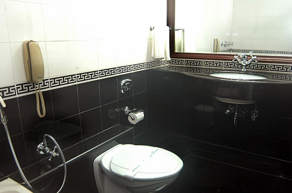 Combined shower/tub, free toiletries, towels