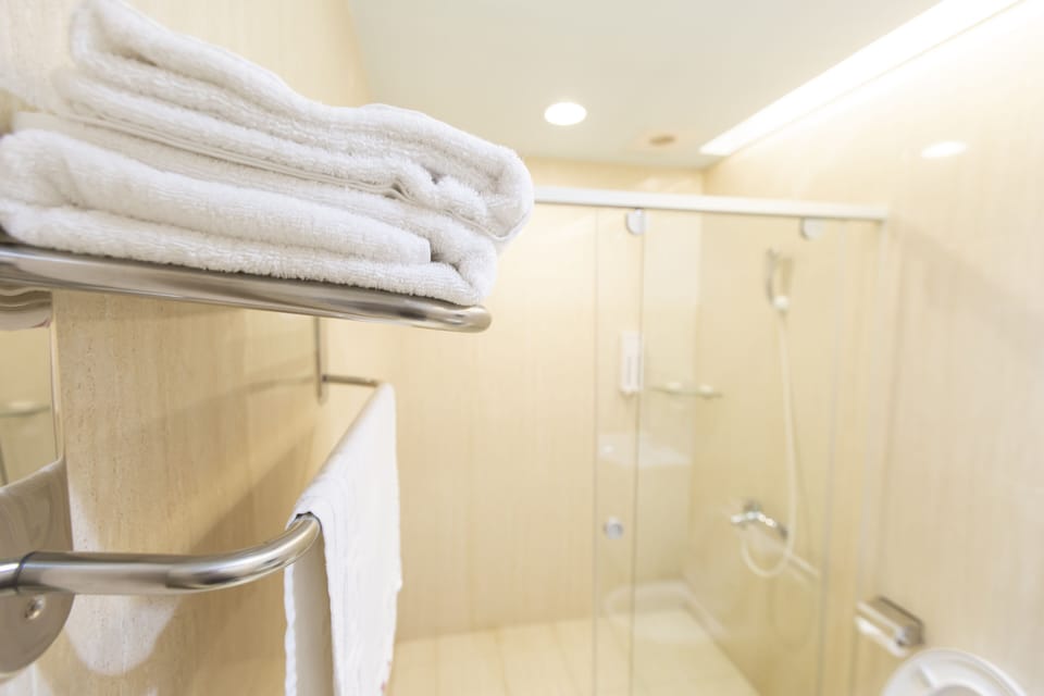 Shower, free toiletries, hair dryer, slippers