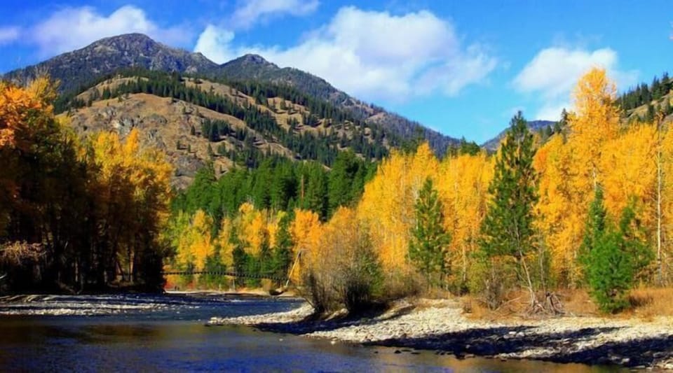 Suspension bridge and Methow River in Fall