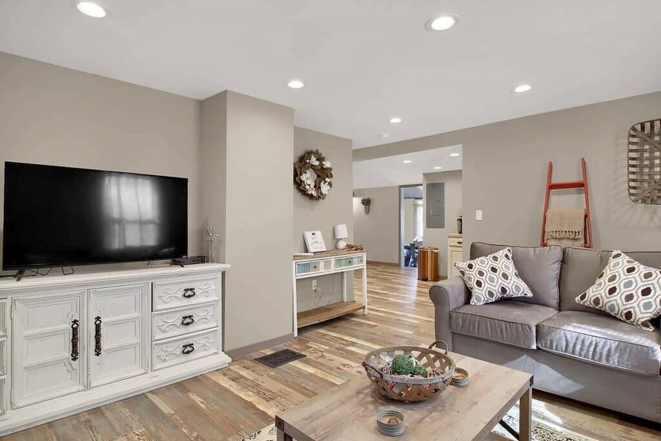 Living room looking into kitchen area. 