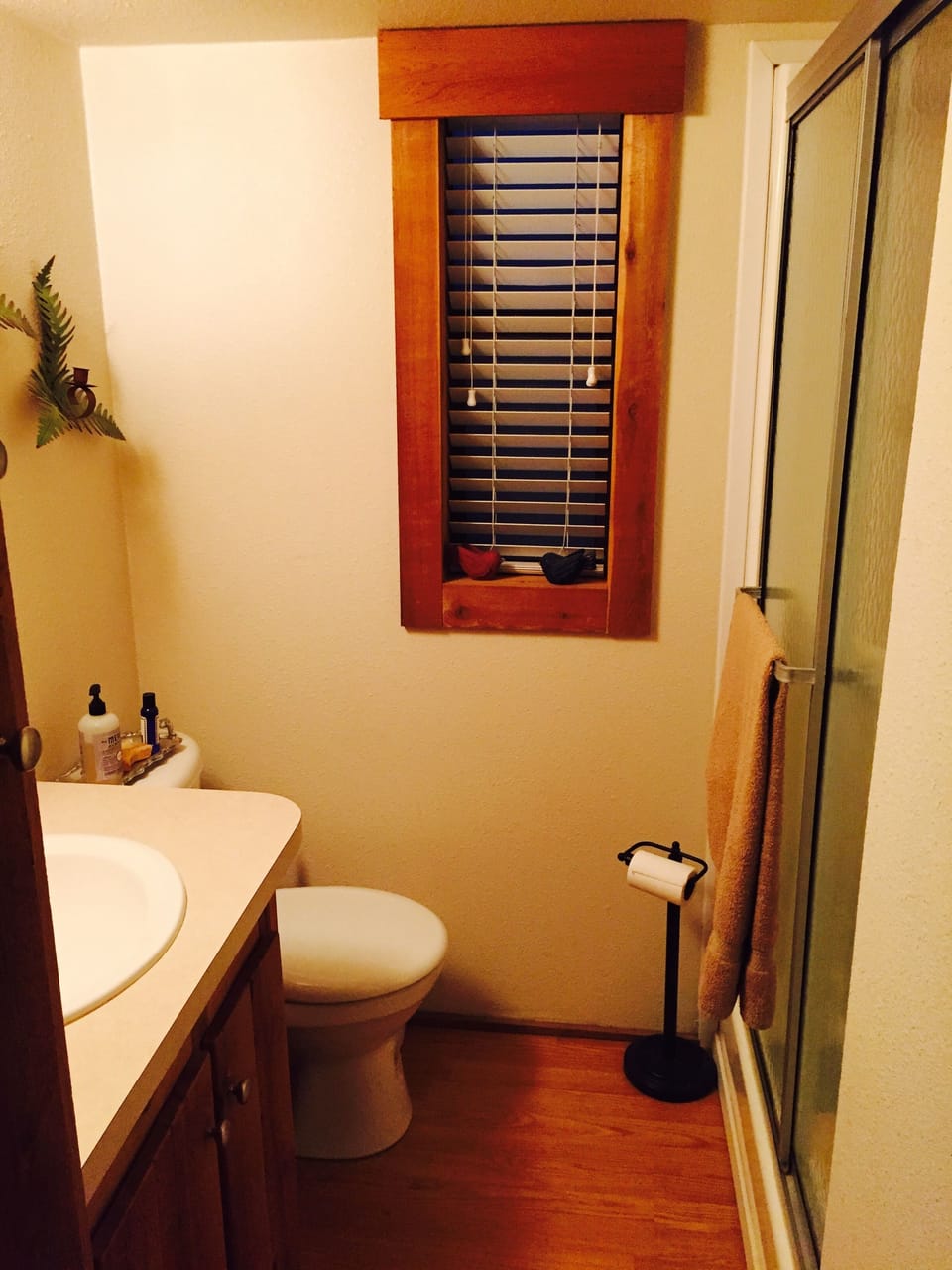 Bathroom with roomy shower. 
