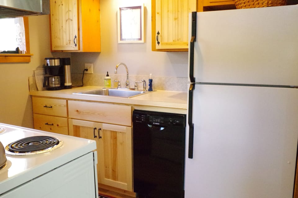 Kitchen sink work area with dishwasher.