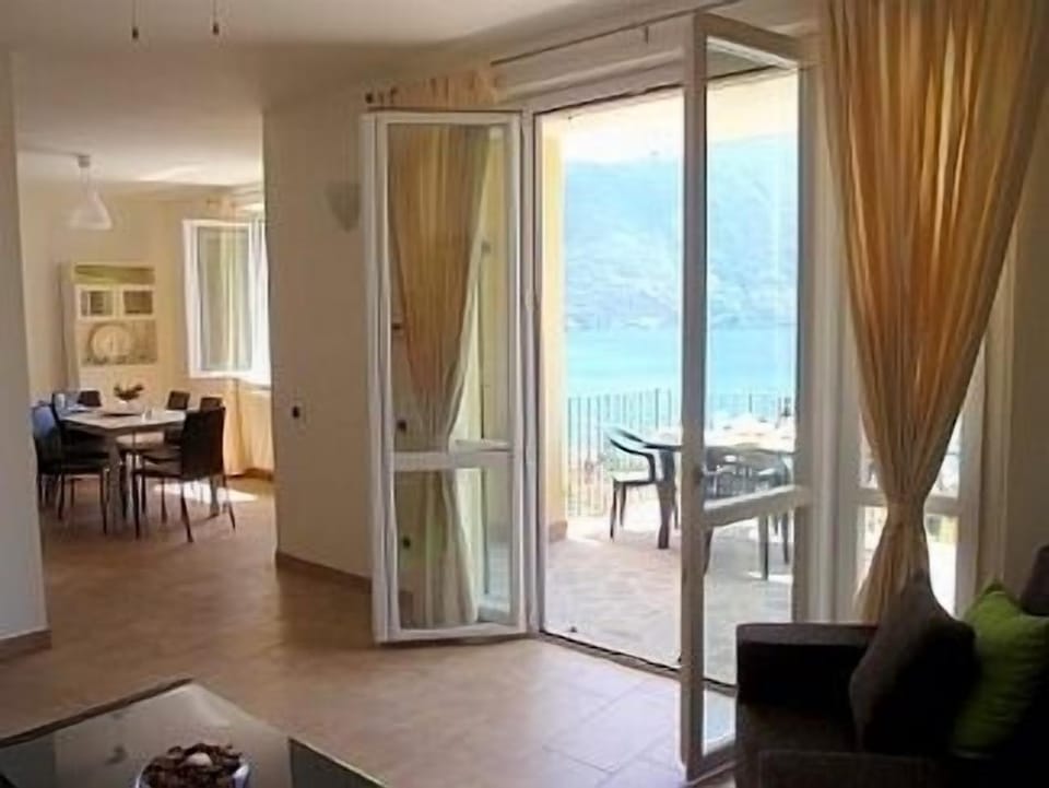 The living room opens to magnificent lake views