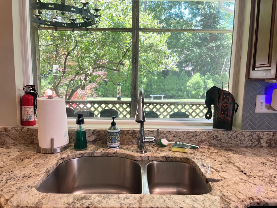 view of screened porch and tree with bird feeders from kitchen sink