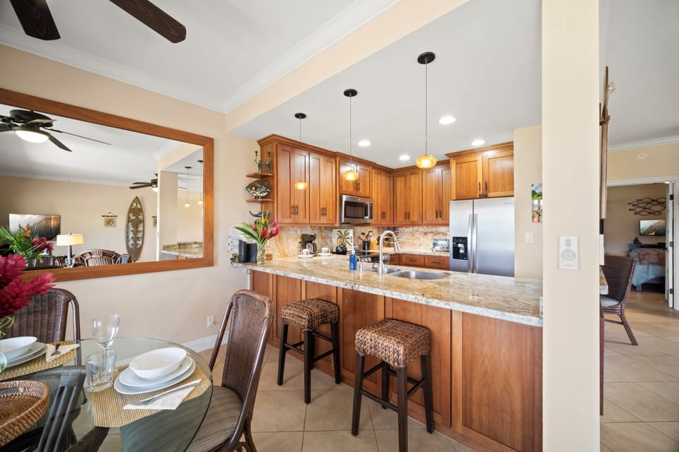 Looking back into kitchen from dining area